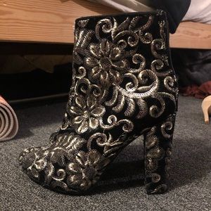 Black Suede Boots with Metallic Embroidery